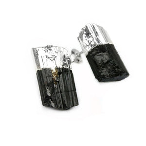 Raw Black Tourmaline Earrings - Silver